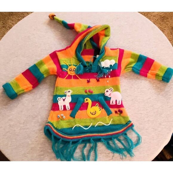 PERUVIAN HAND KNIT PATCHWORK HOODED PULLOVER SWEATER NEW